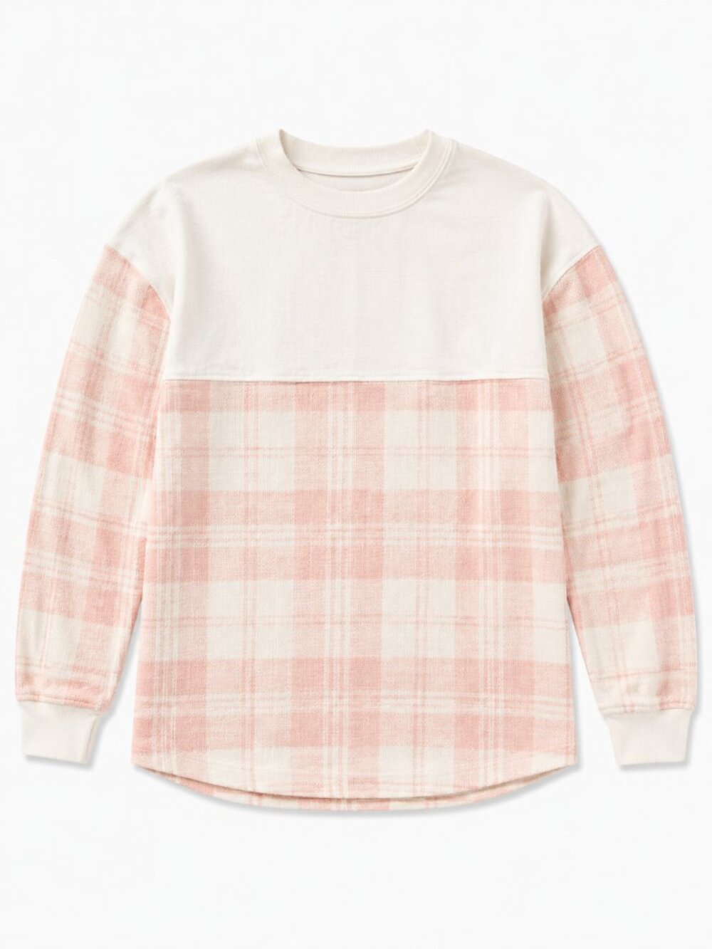 NWOT Spirit Jersey Pink Plaid Colorblock Crewneck Long Sleeve Shirt Size Small